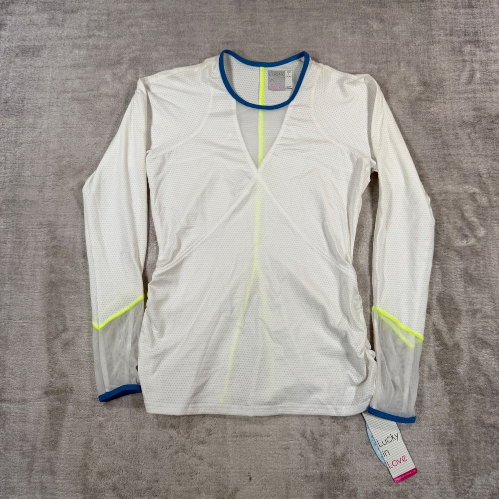 Lucky in Love Shirt Womens Small White Long Sleeve Neon Mesh Vaportex Tennis